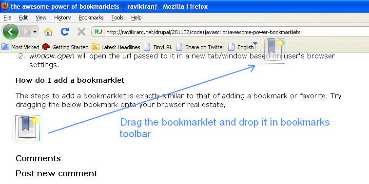 adding bookmarklet to bookmarks bar of the browser